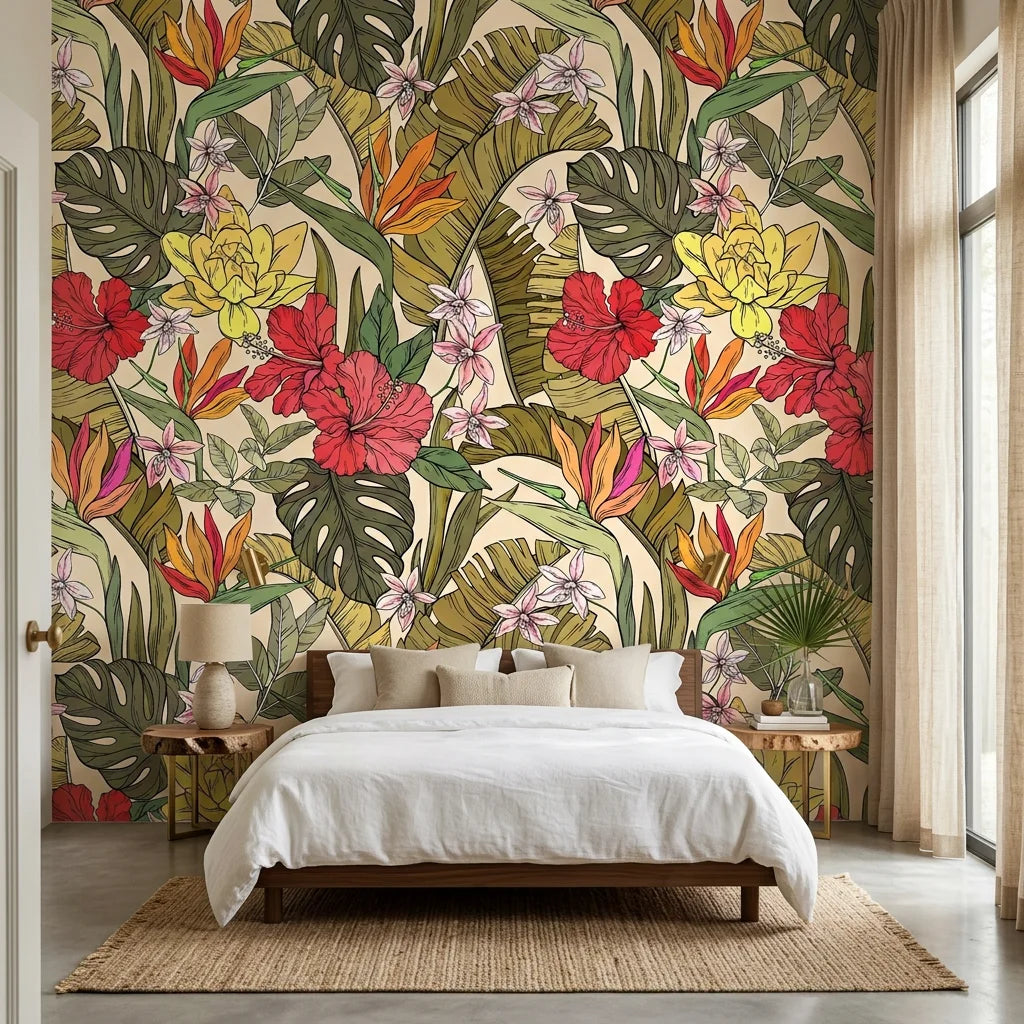 Chromatic Eden colorful paradise wallpaper adding character to a cozy bedroom