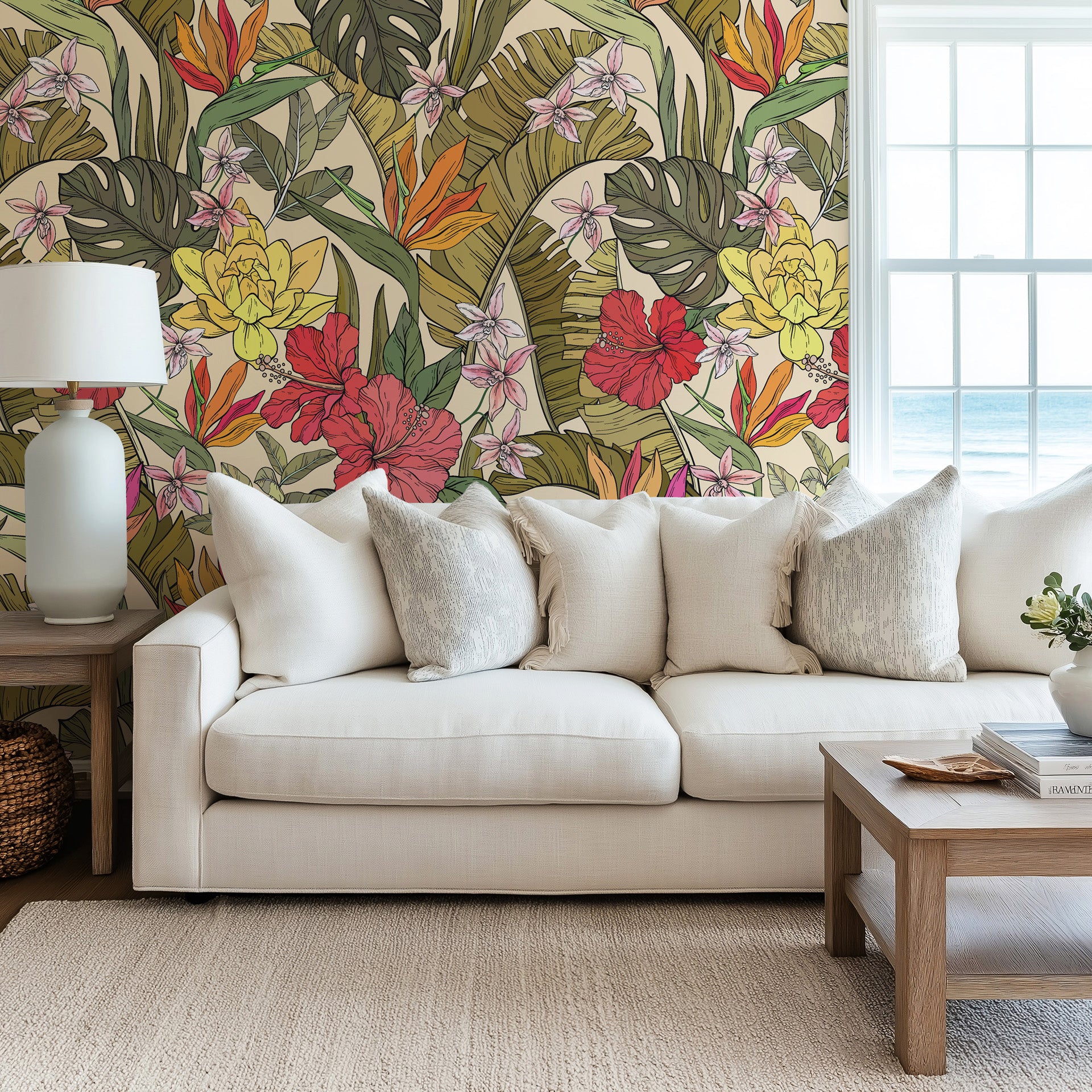 A lavish mix of bright, richly hued tropical blooms and large green leaves, forming an eye-catching design.