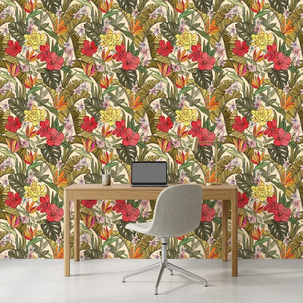 Chromatic Eden colorful paradise wallpaper as a feature wall in a bright home office