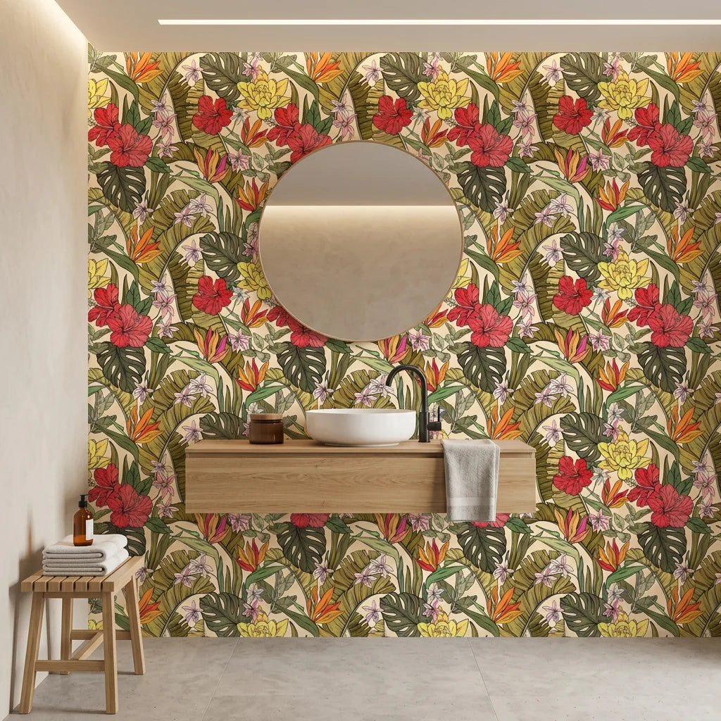 Chromatic Eden colorful paradise wallpaper creating ambiance in a serene bathroom