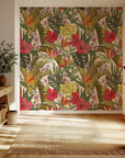 A striking, richly hued pattern of tropical blossoms and jungle foliage