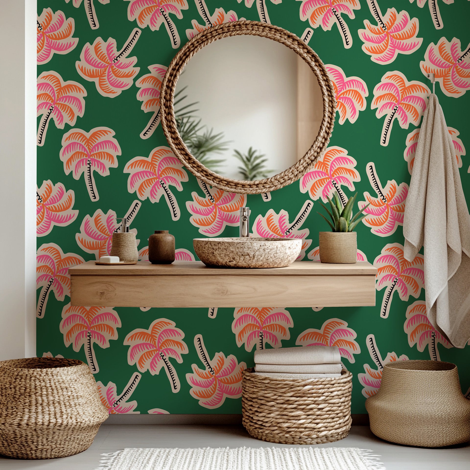 Vibrant, electric-hued palm trees set against a dark canvas, utilizing a contemporary pop-art aesthetic