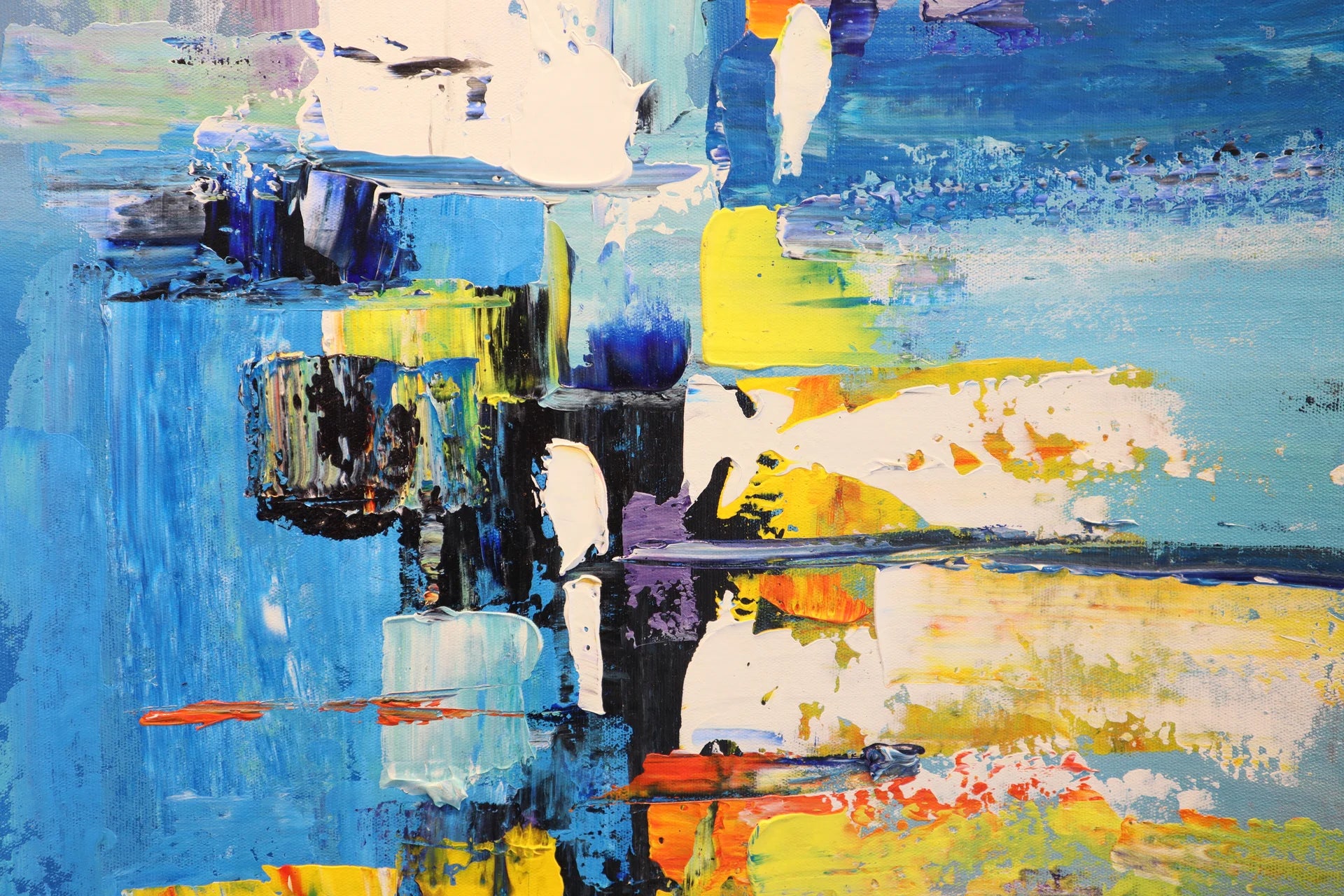 Chromatic Surge bold blue abstract expressionist wallpaper creating ambiance in a serene bathroom