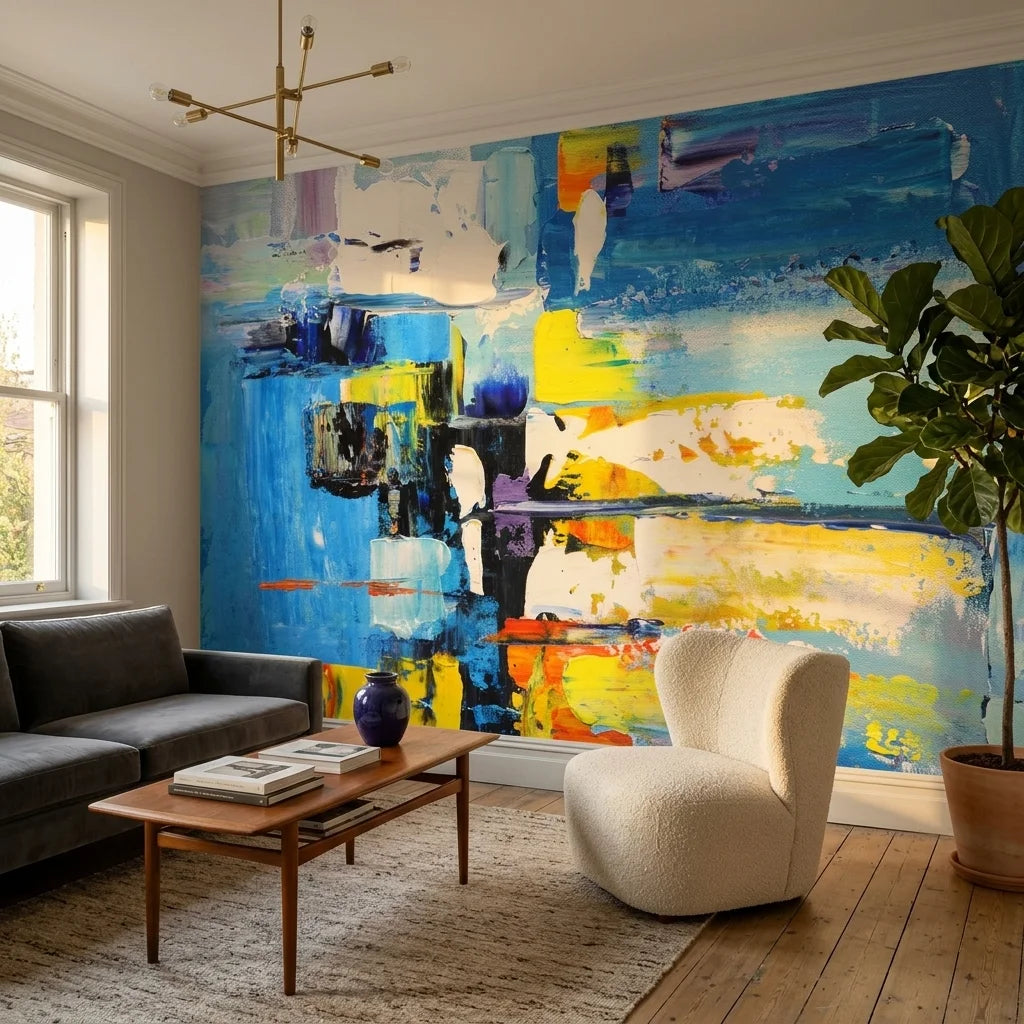 Textured bold blue and yellow abstract expressionist peel and stick wallpaper - Chromatic Surge