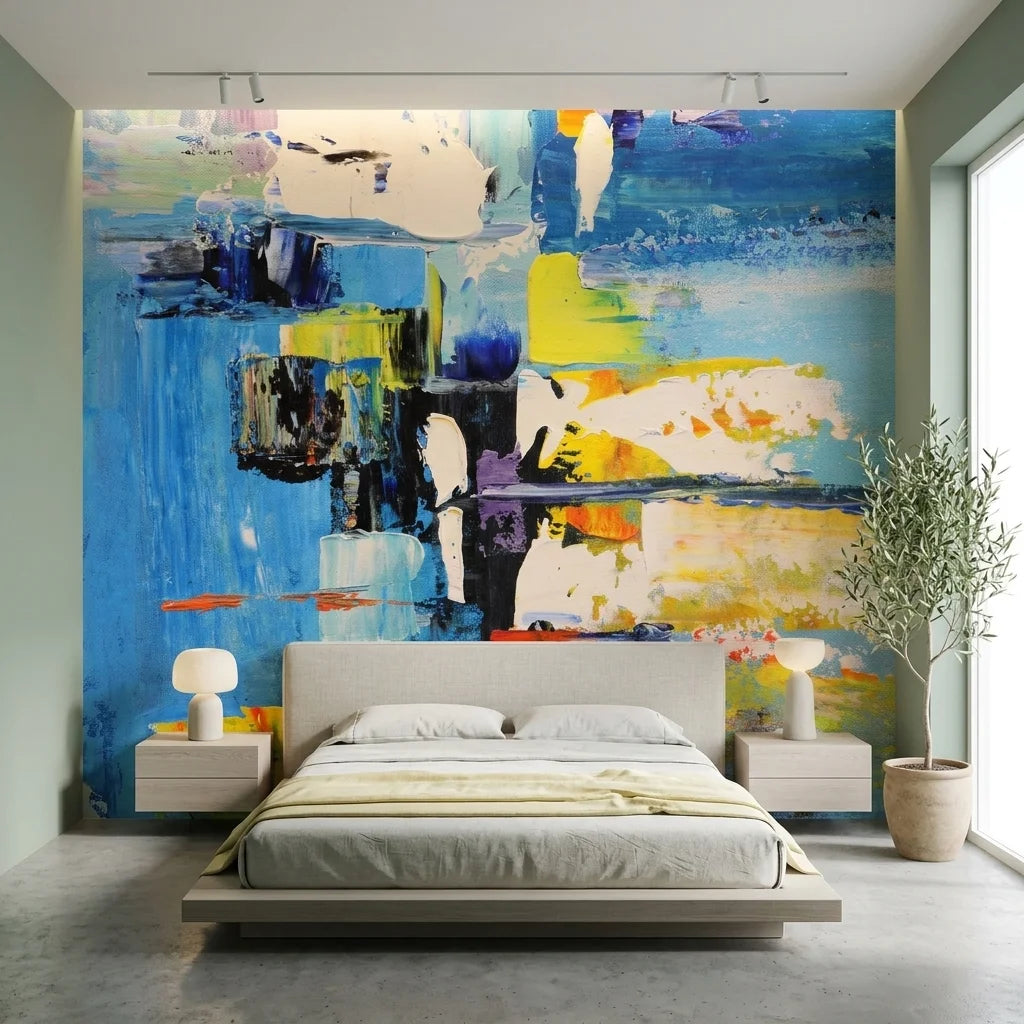 Chromatic Surge bold blue abstract expressionist wallpaper in a warm and inviting living room