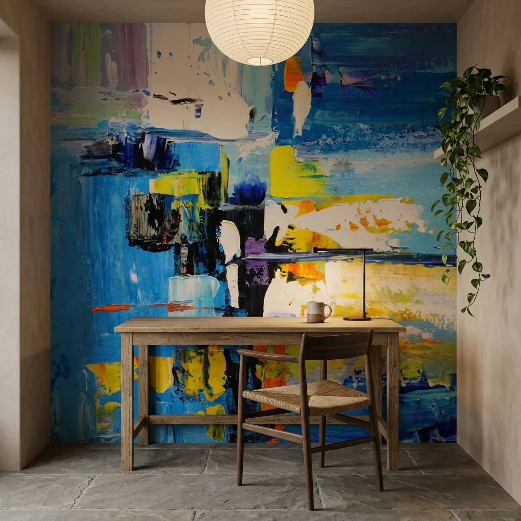 Chromatic Surge bold blue abstract expressionist wallpaper adding character to a cozy bedroom
