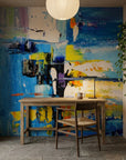 Chromatic Surge bold blue abstract expressionist wallpaper adding character to a cozy bedroom