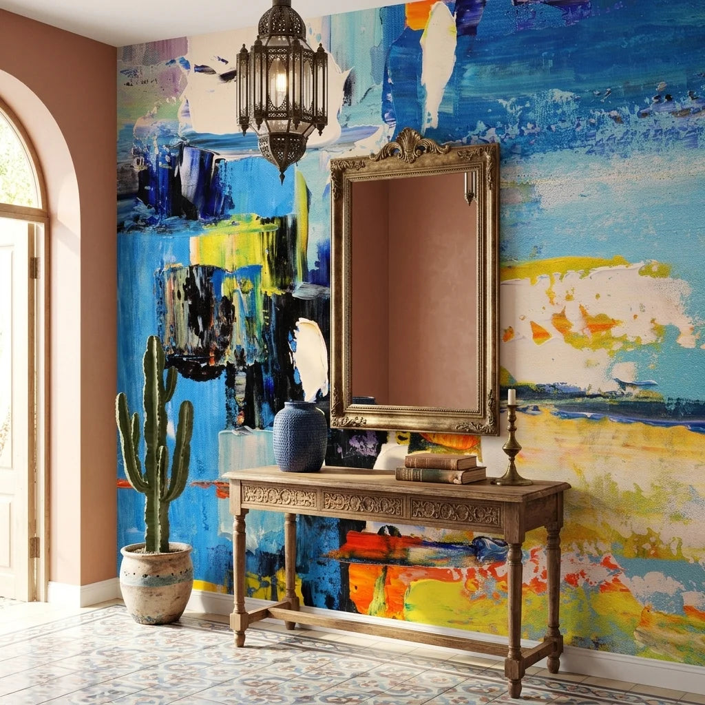 Chromatic Surge bold blue abstract expressionist wallpaper as a feature wall in a bright home office