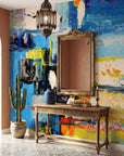 Chromatic Surge bold blue abstract expressionist wallpaper as a feature wall in a bright home office