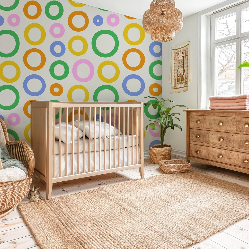 Modern geometric design featuring layered colorful hoops against a seamless ivory backdrop for easy application. - Chromatic Echoes