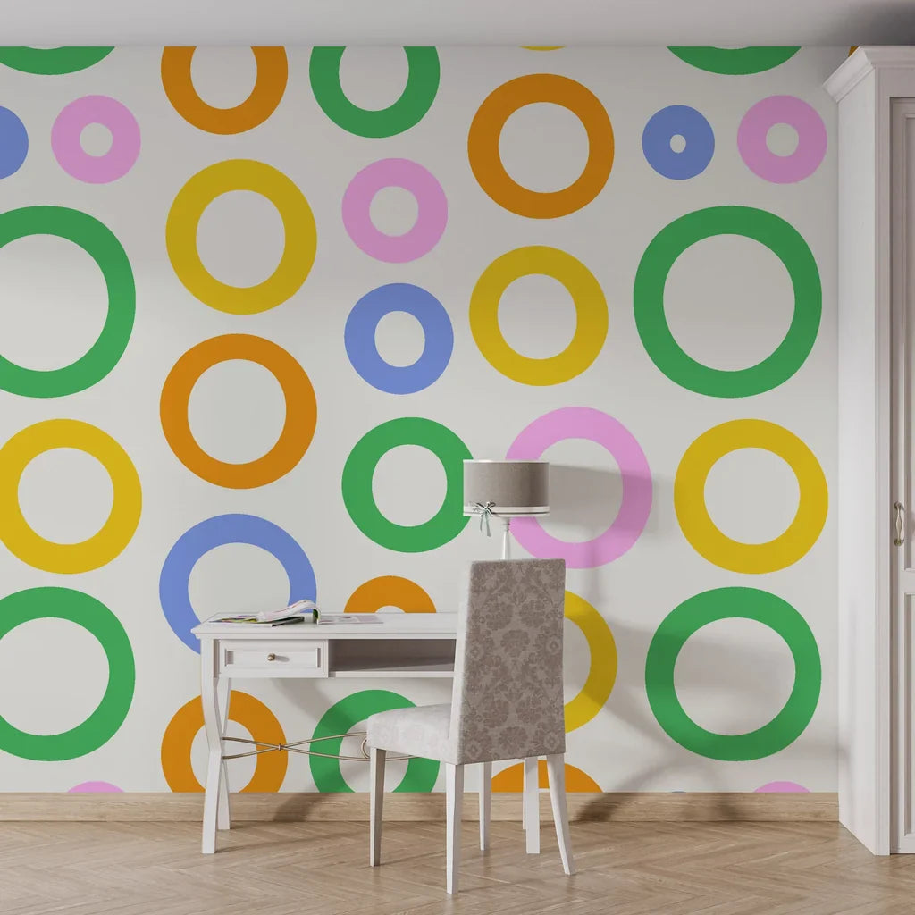 Multi-colored interlocking circular bands layered over a polished cream background on a self-adhesive wall mural. - Chromatic Echoes