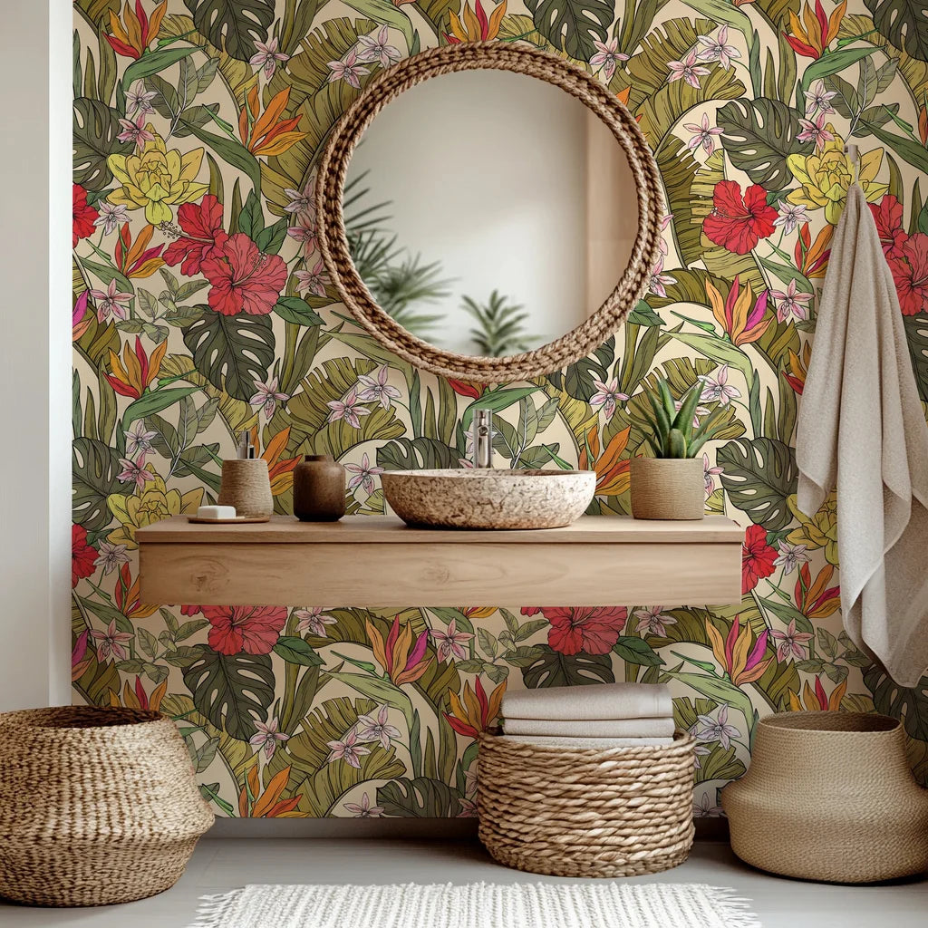 Striking jungle flora—bright flowers and lush leaves—arranged in a deeply colored, exotic pattern