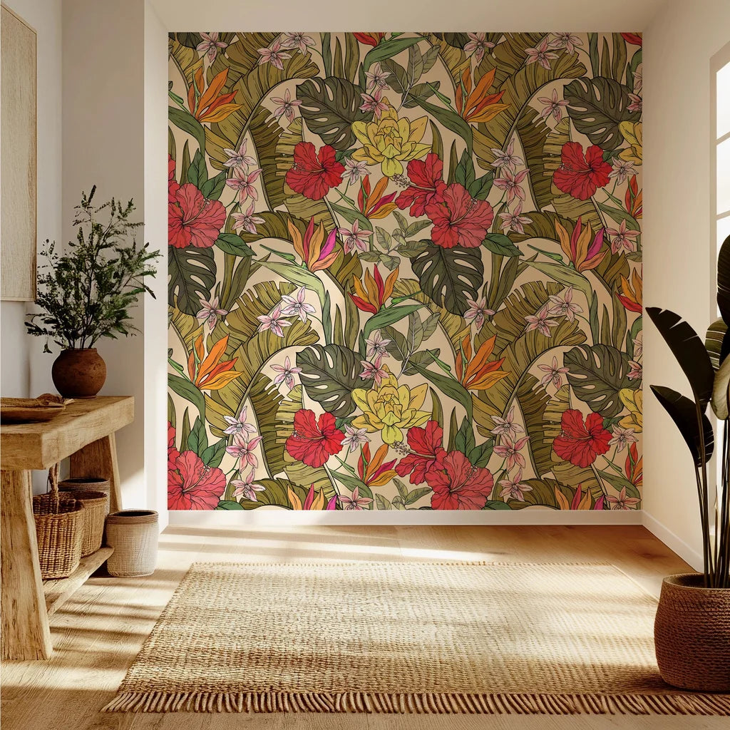 A striking, richly hued pattern of tropical blossoms and jungle foliage