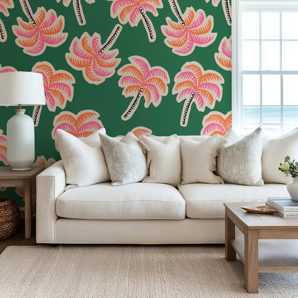 Stylized palm illustrations, vibrant and electric, jump off the dark canvas; an example of modern pop art