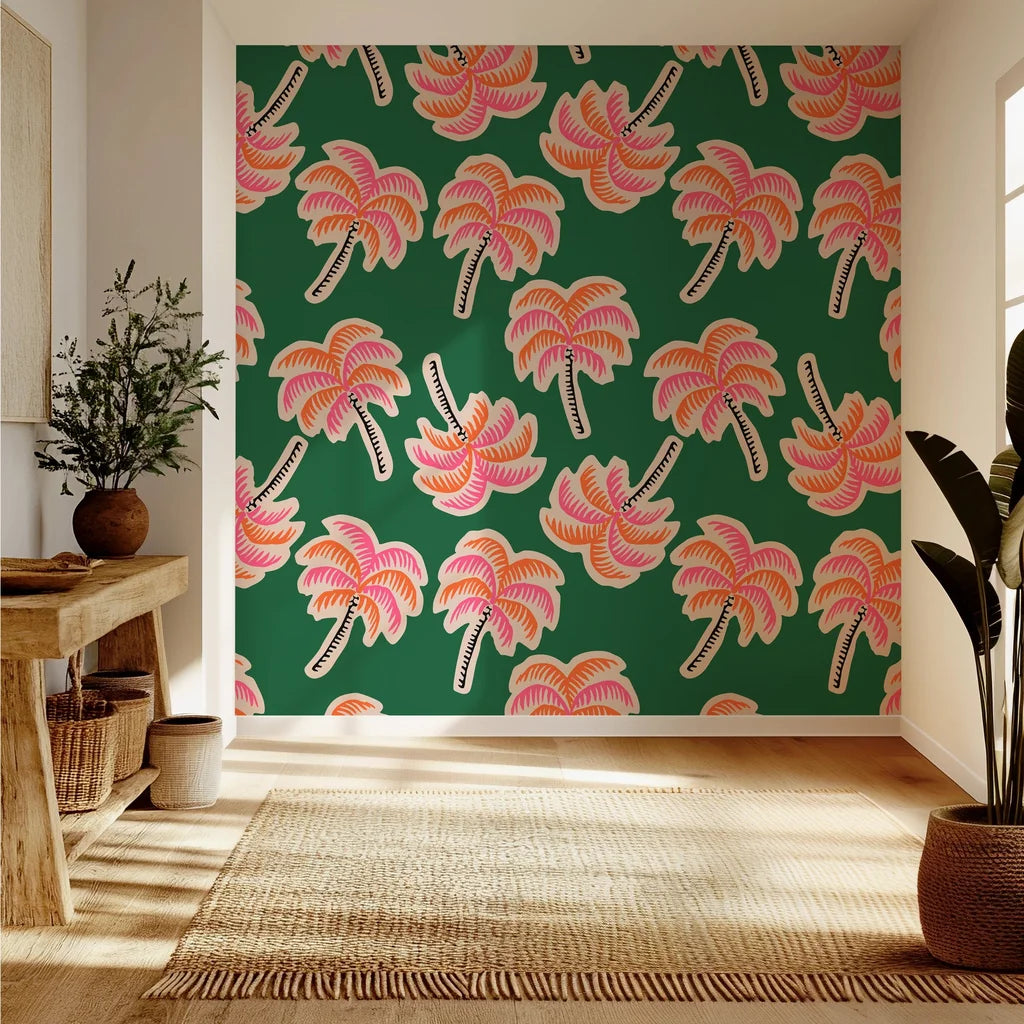 An image in the modern pop-art manner showing brightly colored palm trees leaping out from a shadowy background