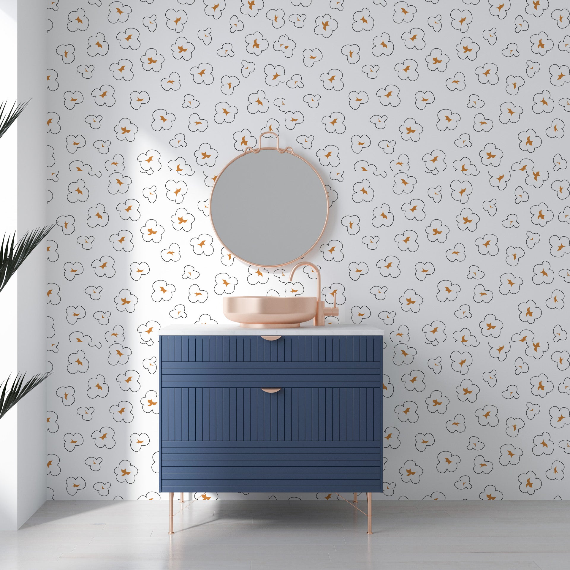 Whimsical snack-themed wall decor with a crisp white and earthy brown popcorn print on peel-and-stick vinyl - Cinema Swirl