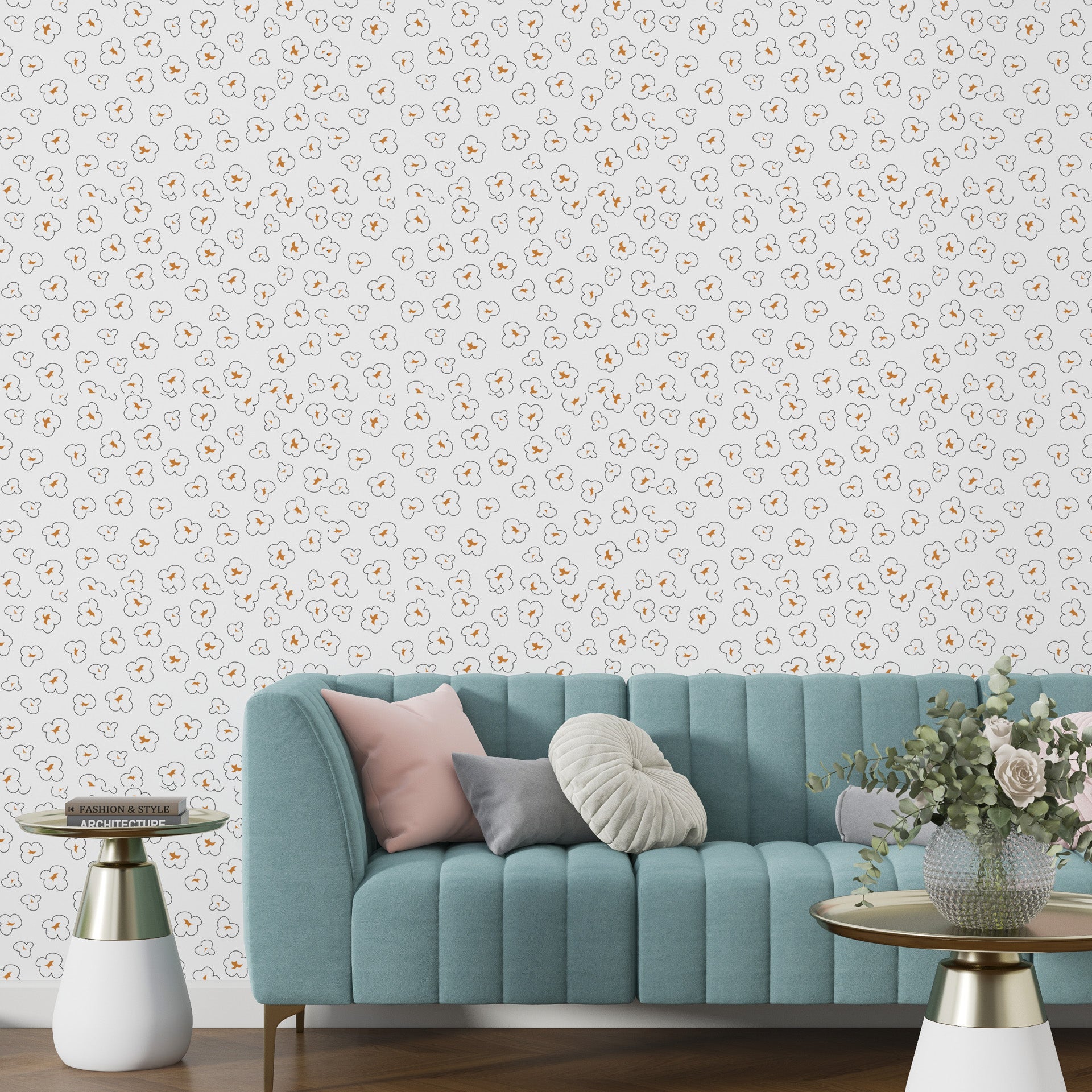 Decorative contact paper displaying an all-over novelty design of popped corn in shades of cream and brown - Cinema Swirl