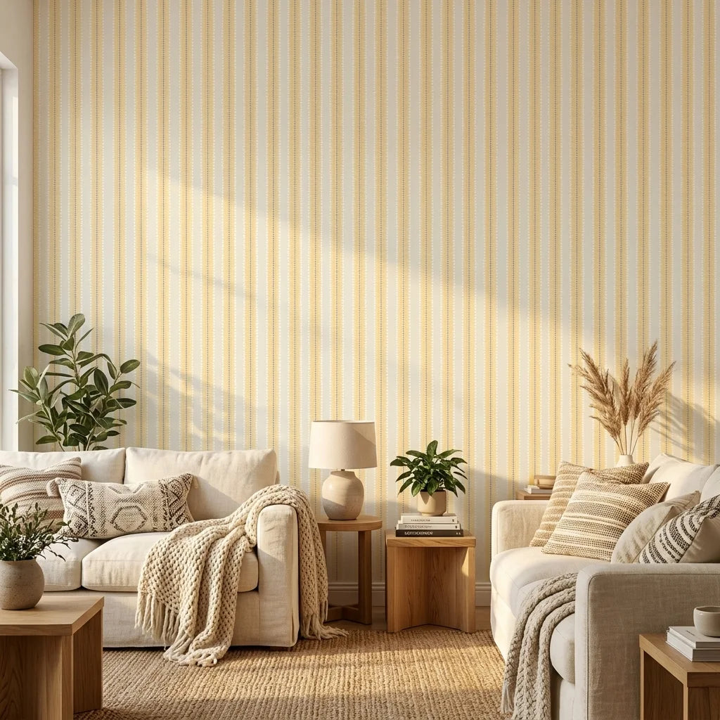Citrine Column yellow striped peel and stick wallpaper in a warm and inviting living room