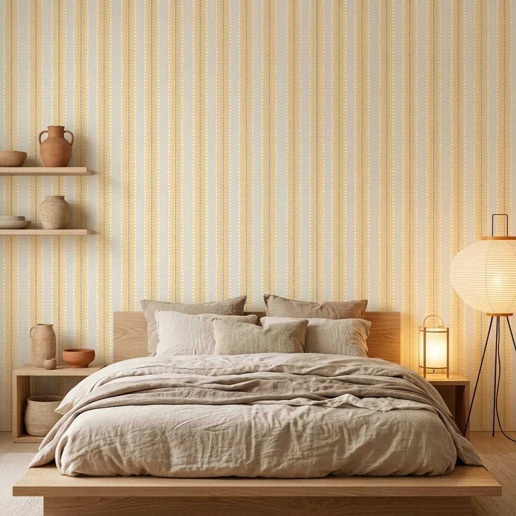 Citrine Column yellow striped peel and stick wallpaper adding character to a cozy bedroom