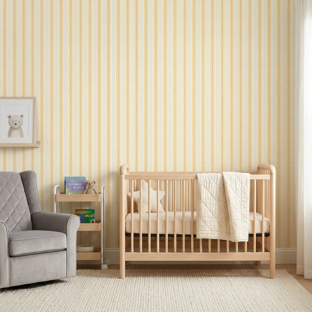 Citrine Column yellow striped peel and stick wallpaper as a feature wall in a bright home office