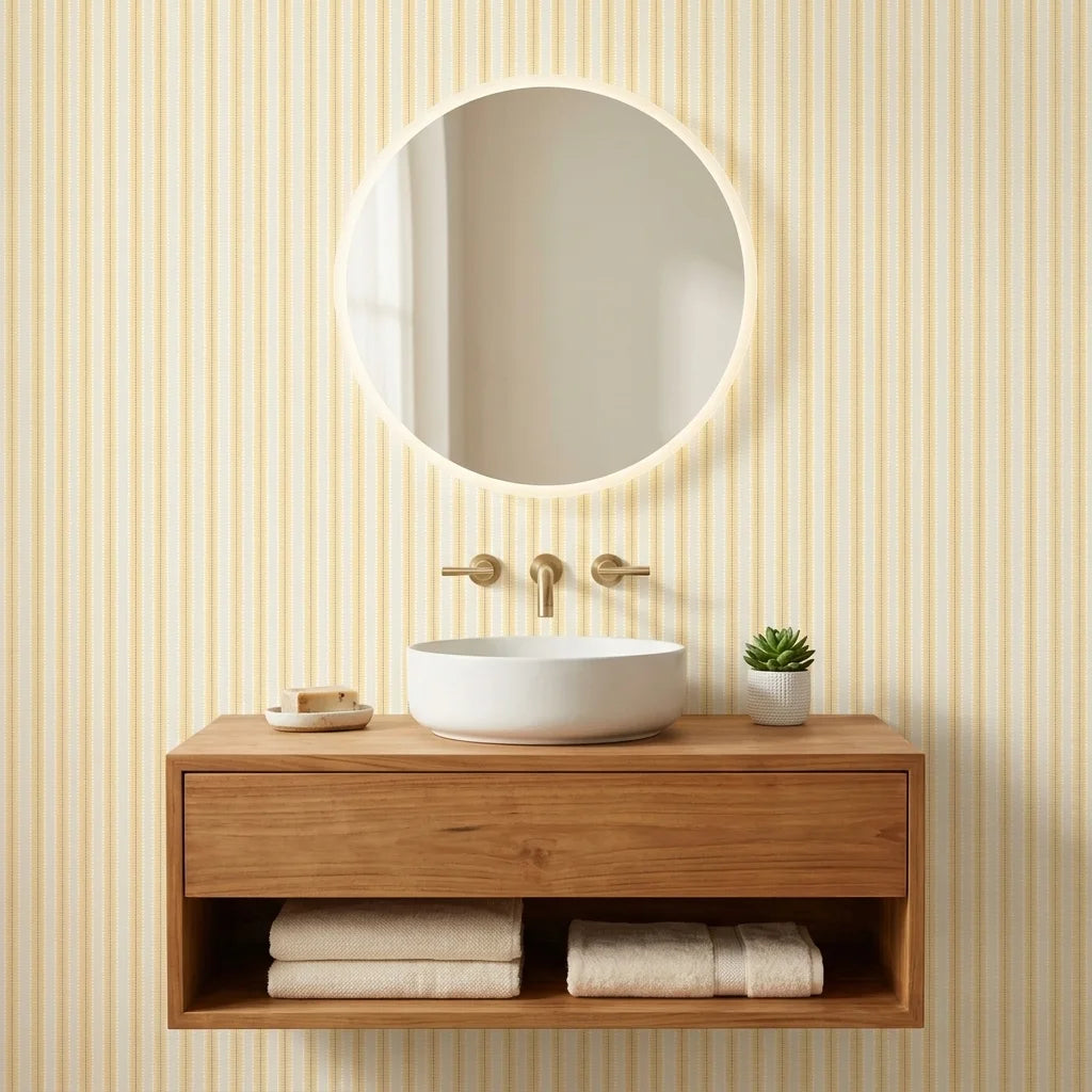 Citrine Column yellow striped peel and stick wallpaper creating ambiance in a serene bathroom