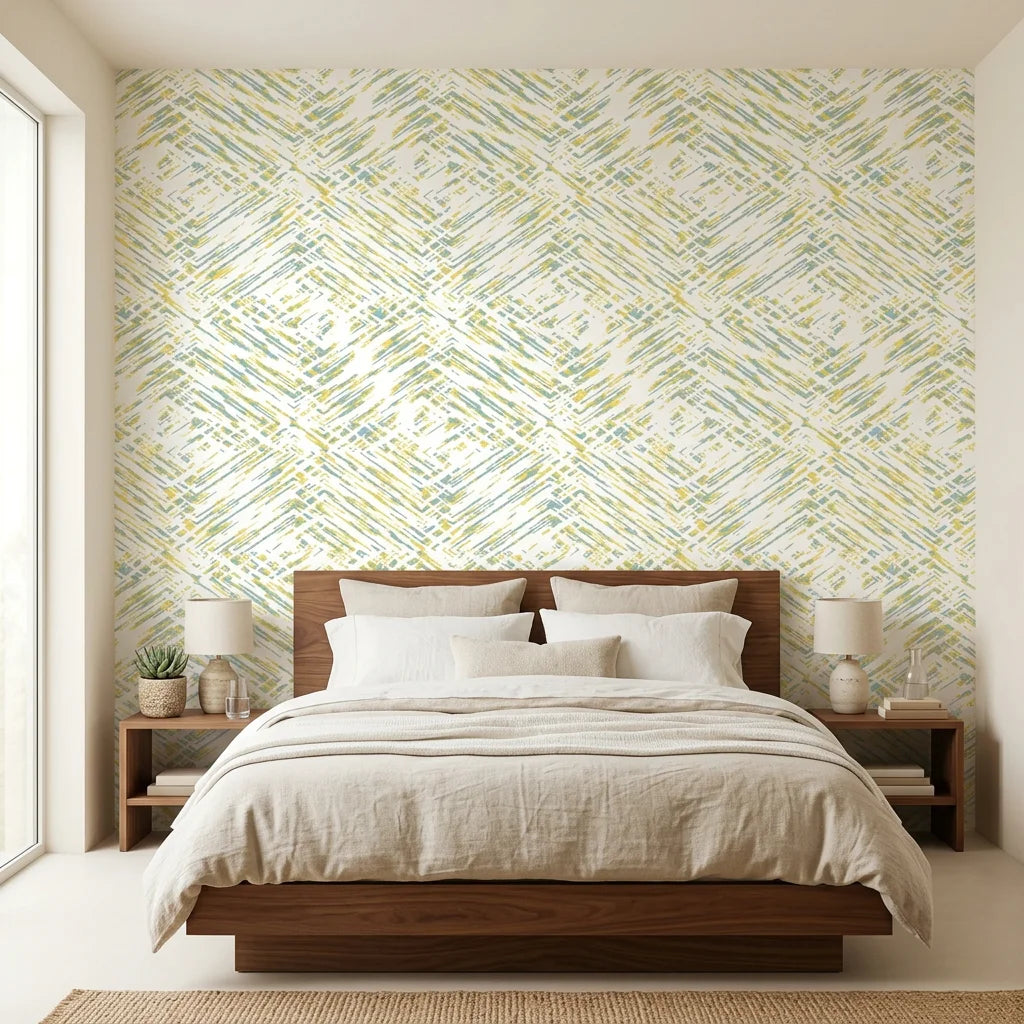 Citron & Teal abstract geometric wallpaper in a warm and inviting living room