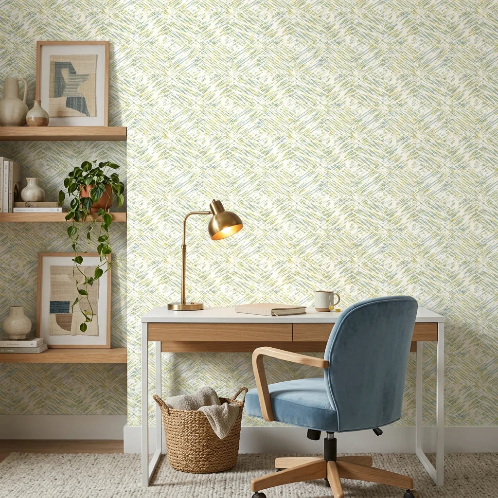 Citron & Teal abstract geometric wallpaper adding character to a cozy bedroom