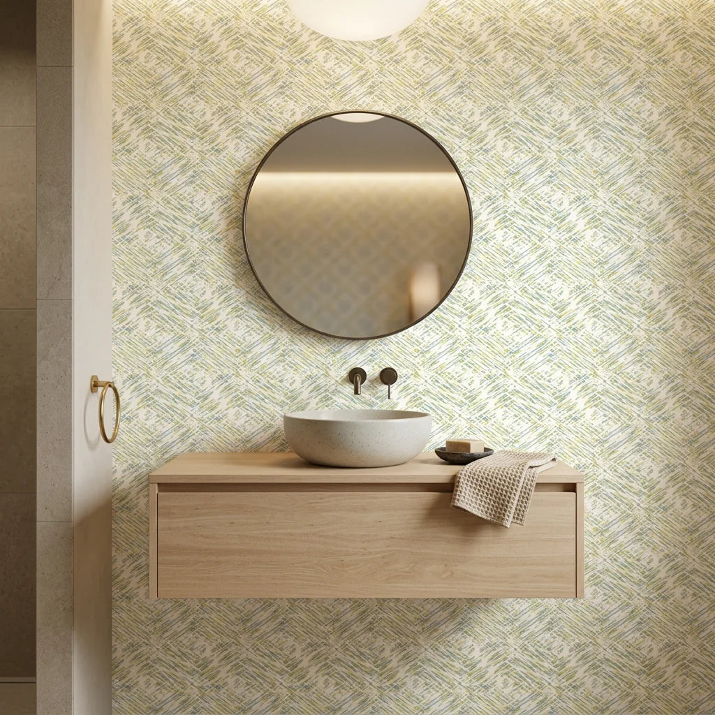 Citron & Teal abstract geometric wallpaper as a feature wall in a bright home office