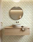 Citron & Teal abstract geometric wallpaper as a feature wall in a bright home office