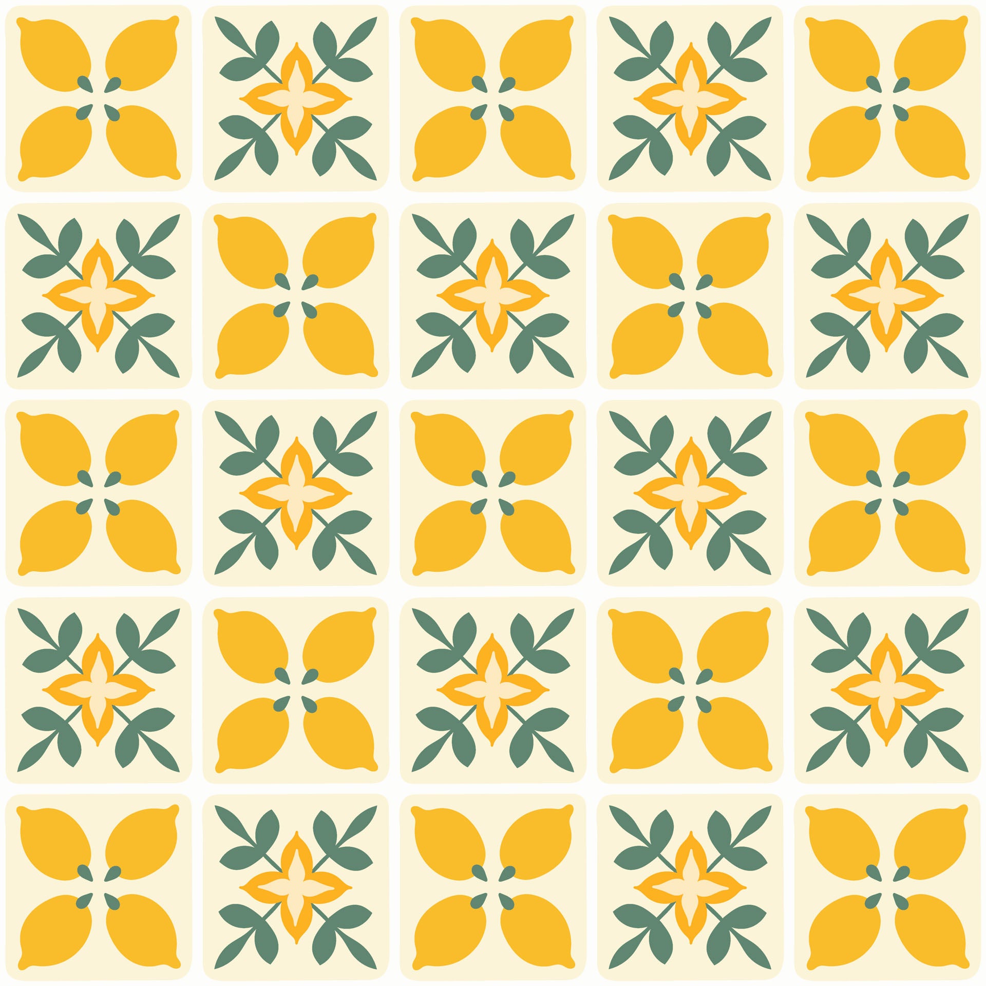 Geometric wallpaper design featuring yellow lemons and green foliage. Citrus Bloom