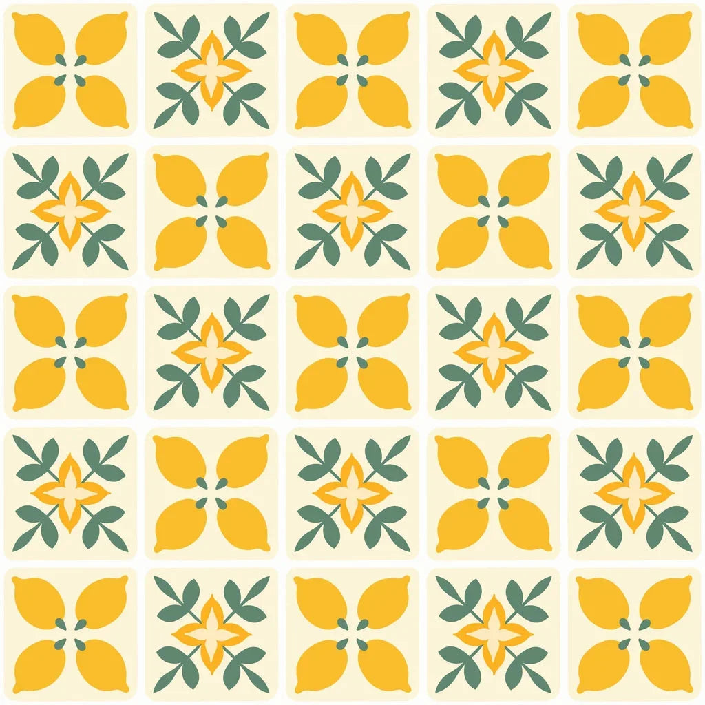 Citrus Bloom yellow lemon and green geometric tile wallpaper