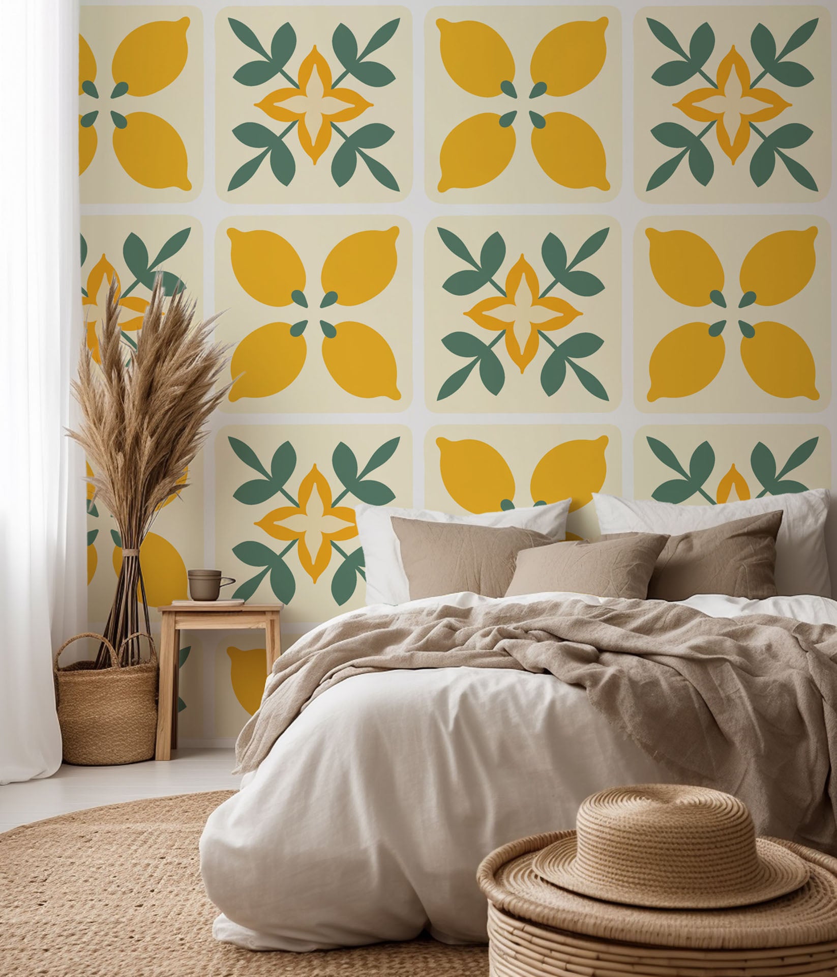 Geometric tiled background featuring yellow citrus and verdant foliage