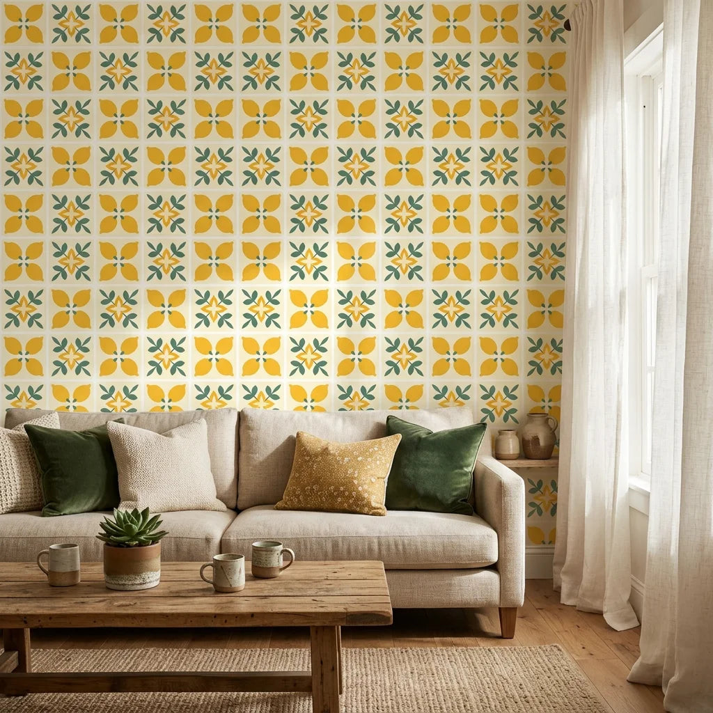 Citrus Bloom yellow lemon and green geometric tile wallpaper in a warm and inviting living room