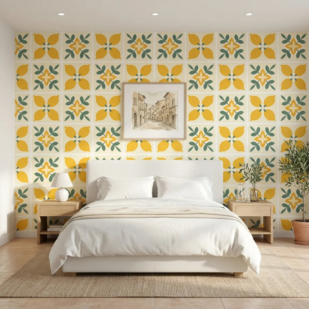 Citrus Bloom yellow lemon and green geometric tile wallpaper adding character to a cozy bedroom