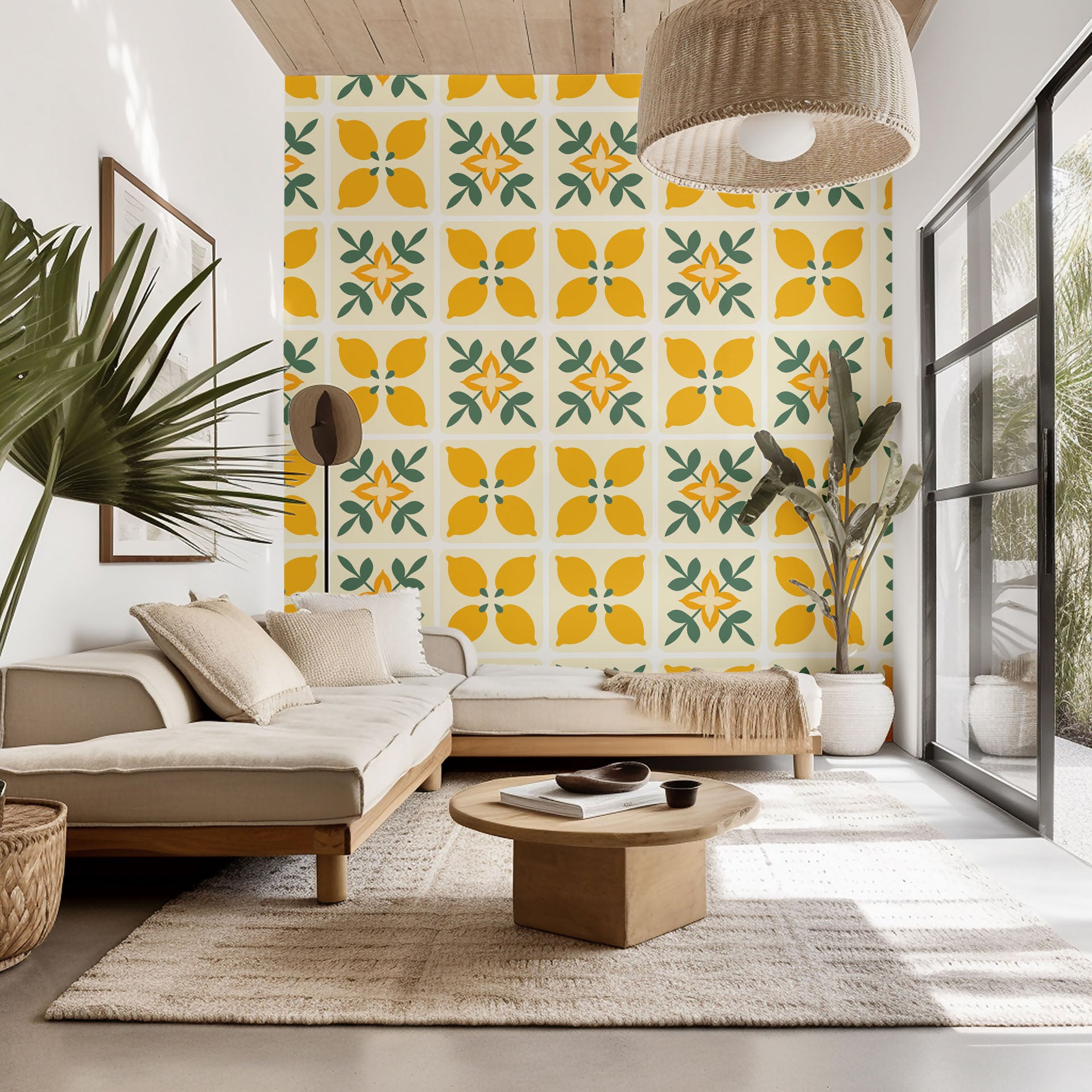 Geometric tile wallpaper featuring yellow lemons and green leaves - Citrus Bloom
