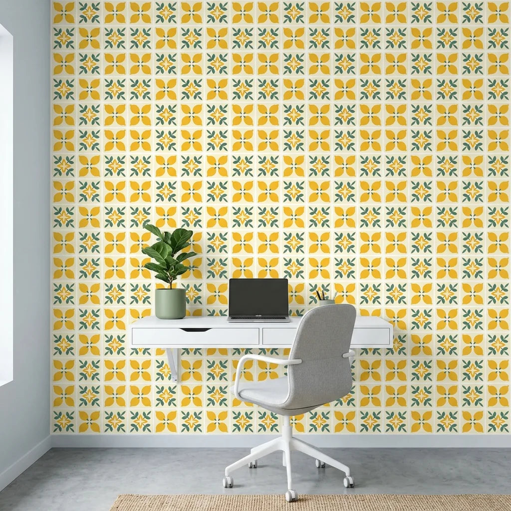 Citrus Bloom yellow lemon and green geometric tile wallpaper as a feature wall in a bright home office