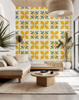 Geometric tile wallpaper featuring yellow lemons and green leaves - Citrus Bloom