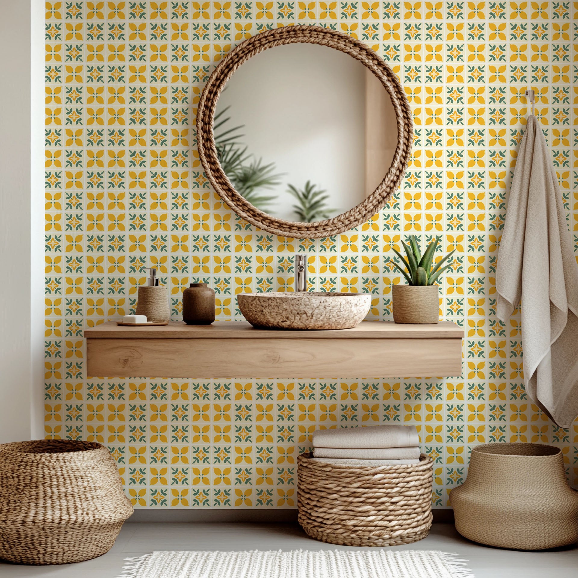 A tiled, geometric pattern wallpaper featuring bright yellow lemons and dark green foliage.
