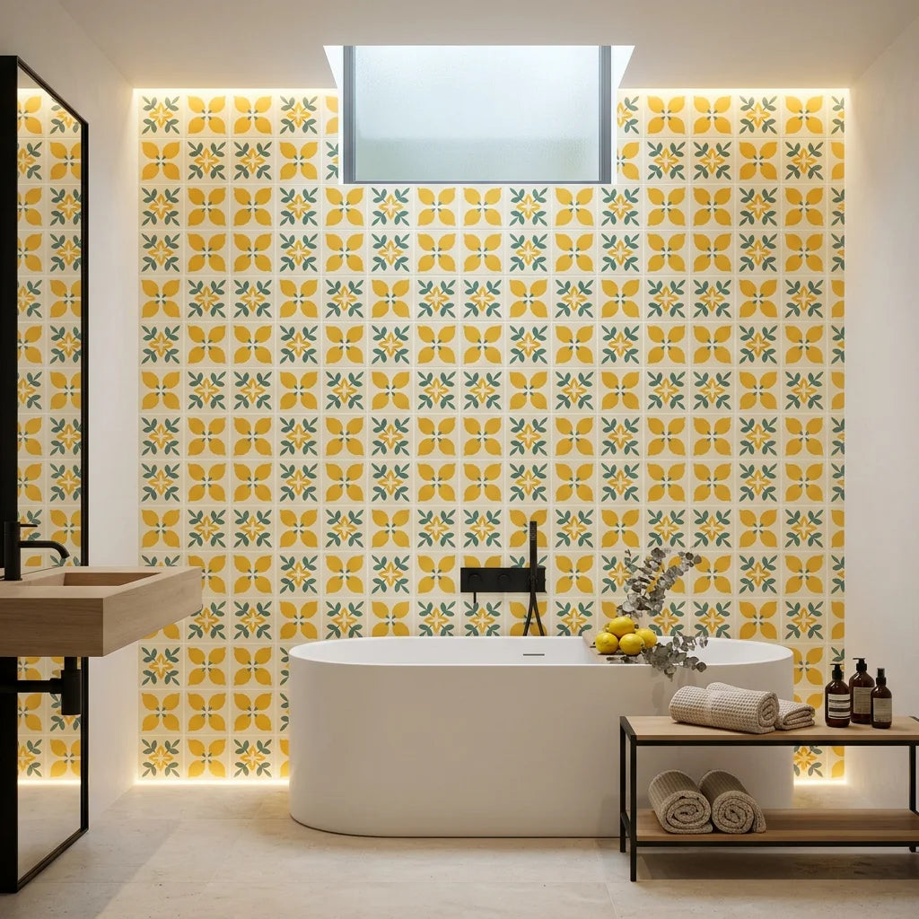 Citrus Bloom yellow lemon and green geometric tile wallpaper creating ambiance in a serene bathroom