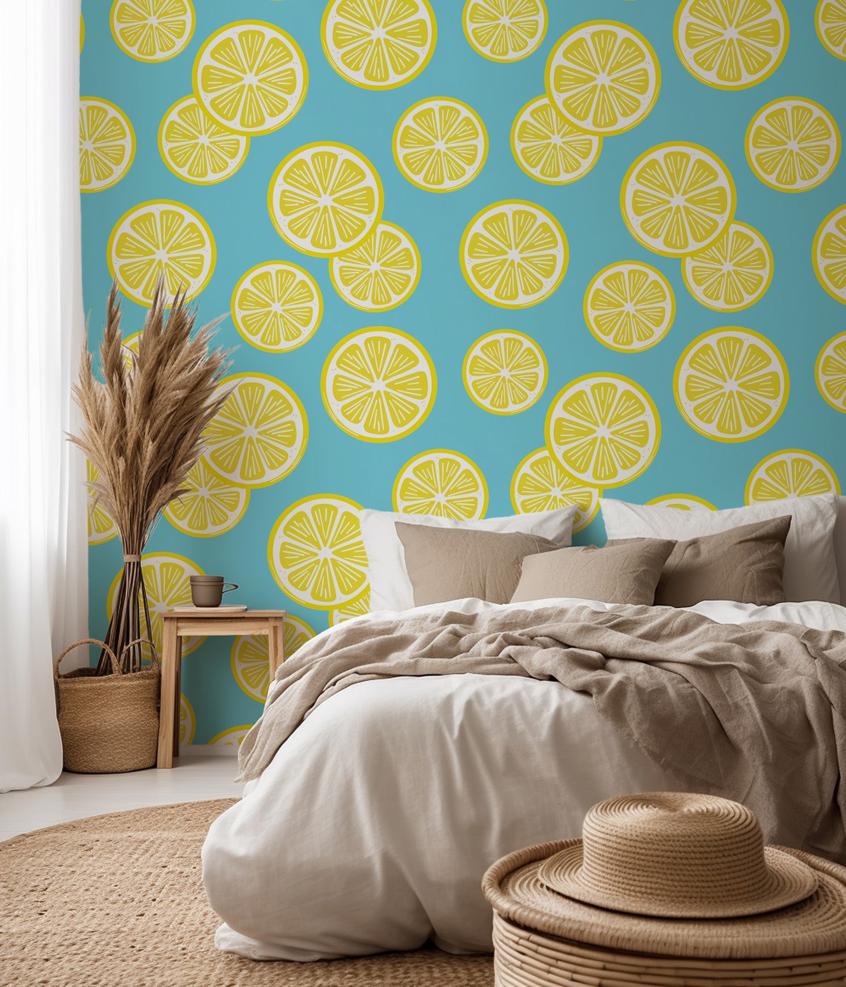 Vivid yellow lemons and verdant foliage flow over a white surface.