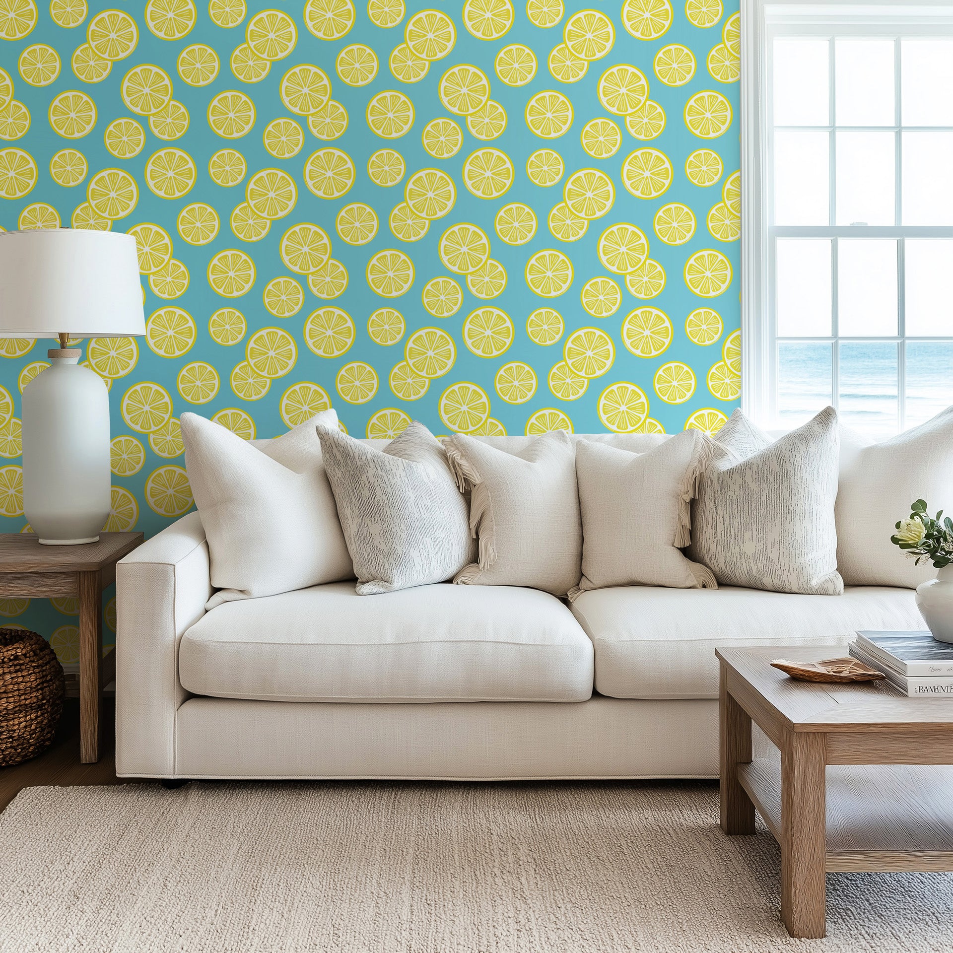 Against a plain white background, bright yellow lemons and green leaf sprigs drape horizontally.