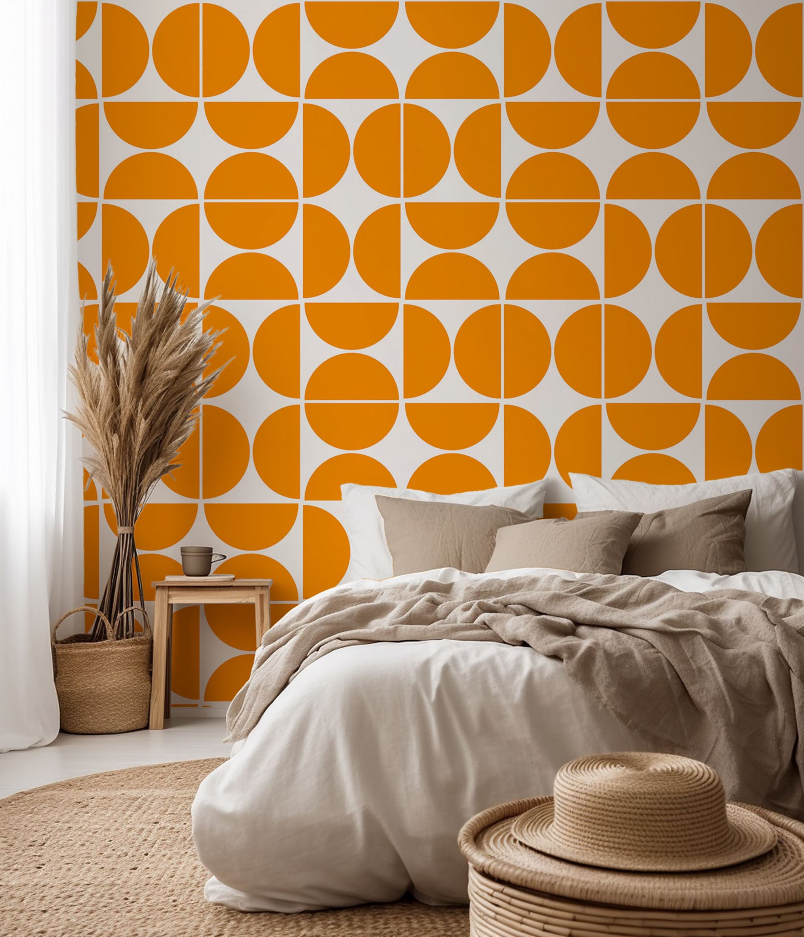 Self-adhesive wallpaper featuring an orange, mid-century geometric half-circle pattern, known as Citrus Grid.