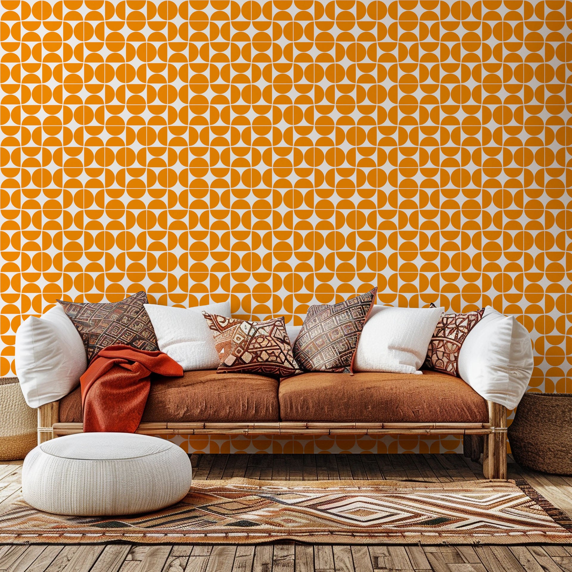 Self-adhesive wallpaper featuring a mid-century modern, orange semicircle geometric pattern, known as Citrus Grid.