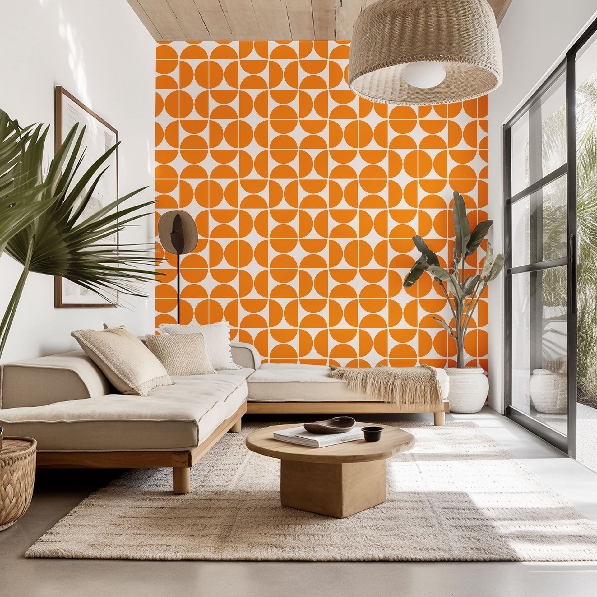 Self-adhesive wallpaper featuring an orange, mid-century geometric pattern of semicircles, known as the Citrus Grid design
