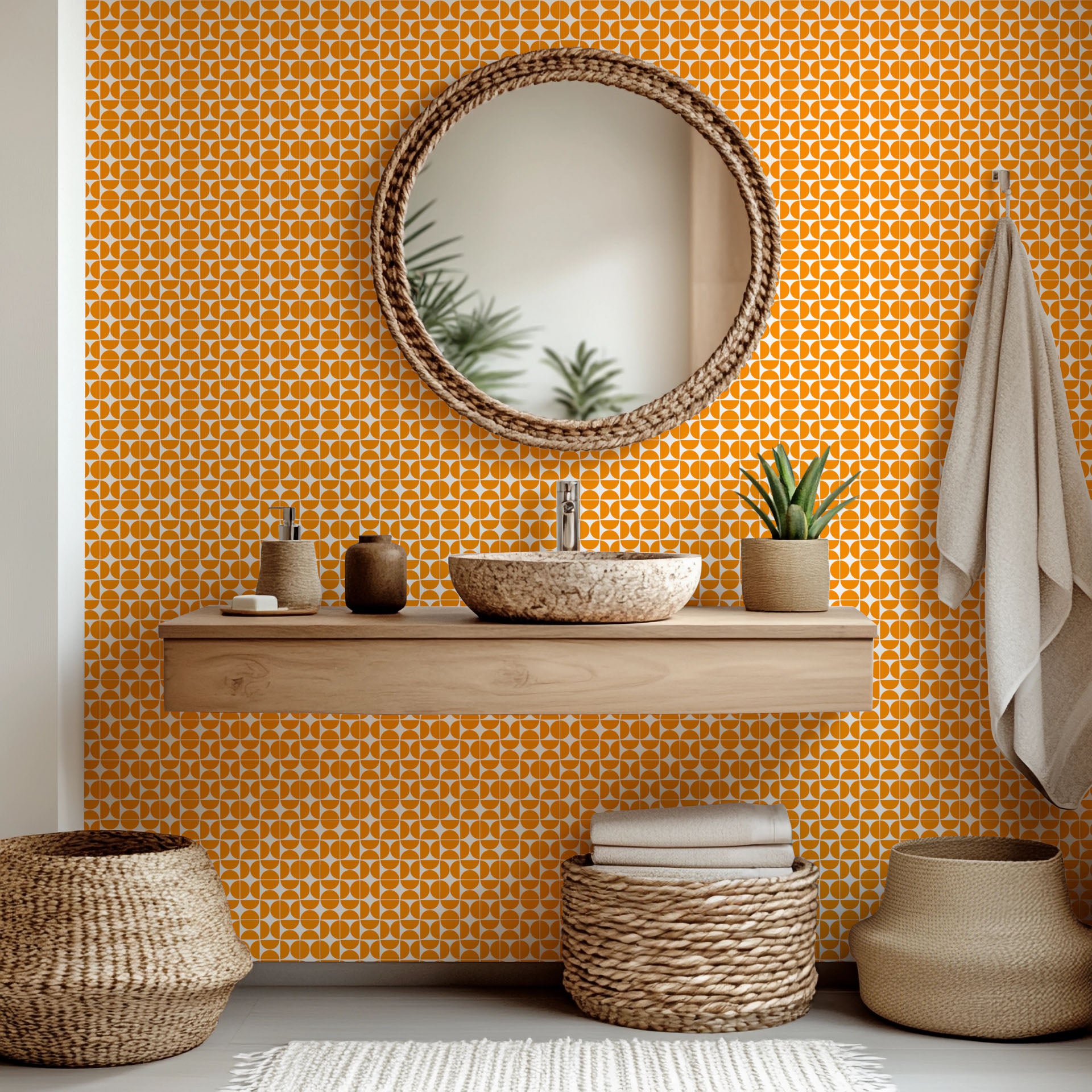 Self-adhesive wallpaper featuring a Mid-century modern orange semicircle geometric pattern, named Citrus Grid