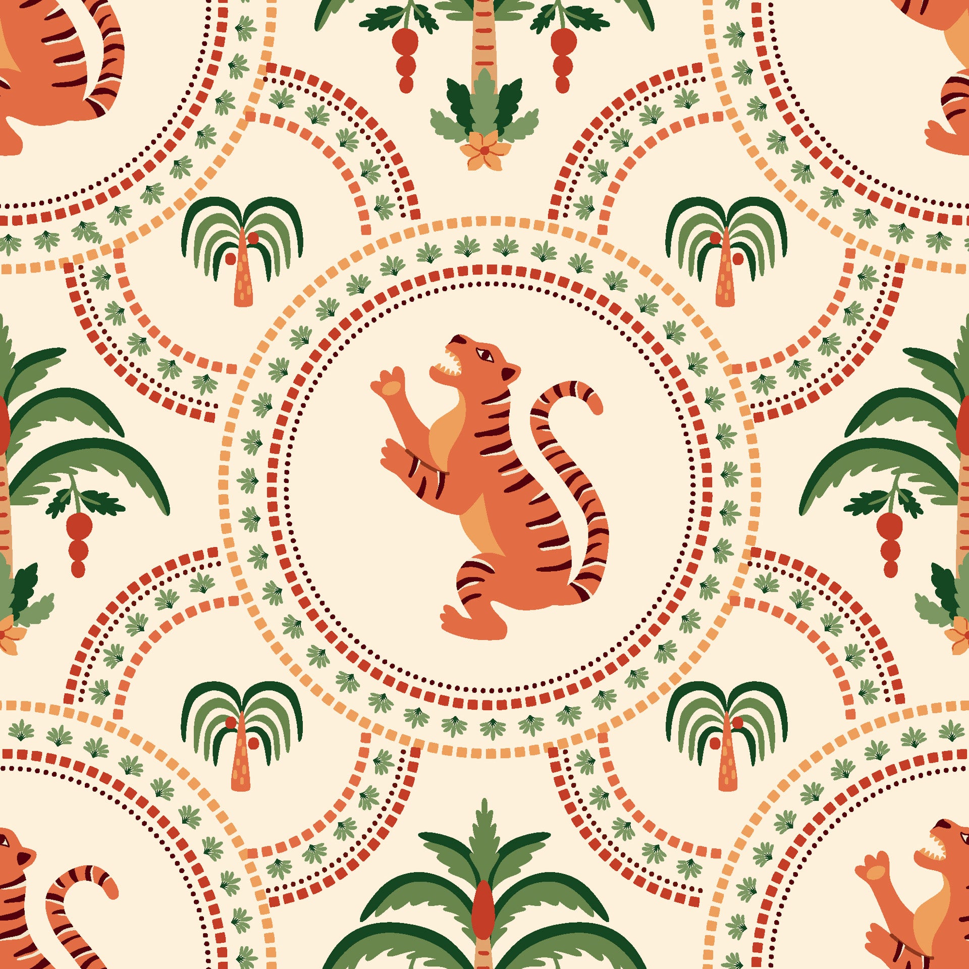 Leopards intertwined with citrus fruit elements creating a whimsical pattern