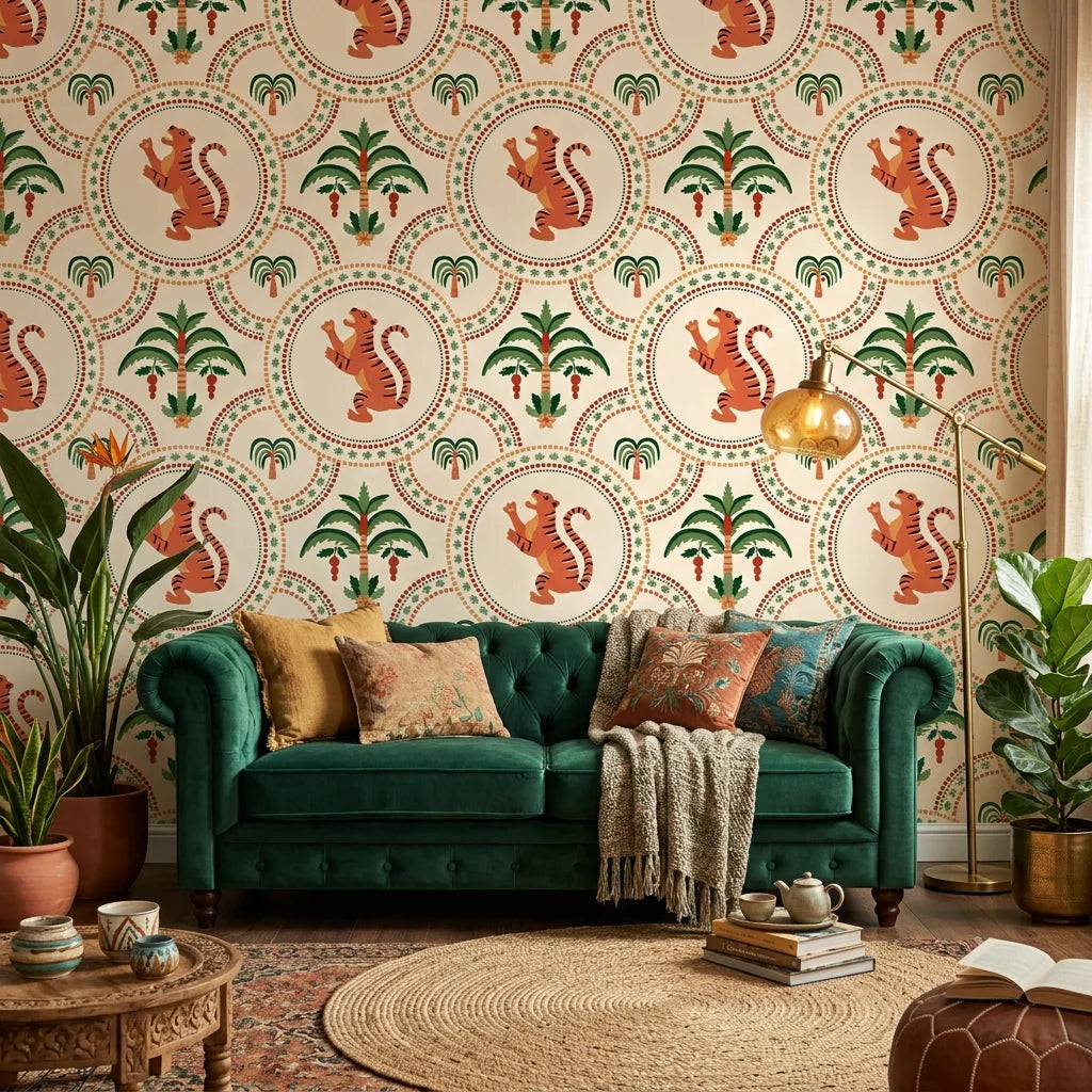 Citrus Roar leopard and lemon wallpaper in a warm and inviting living room