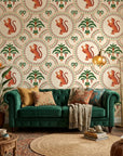Citrus Roar leopard and lemon wallpaper in a warm and inviting living room