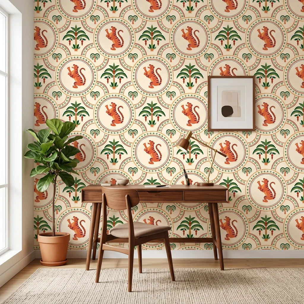 Citrus Roar leopard and lemon wallpaper as a feature wall in a bright home office