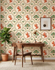 Citrus Roar leopard and lemon wallpaper as a feature wall in a bright home office